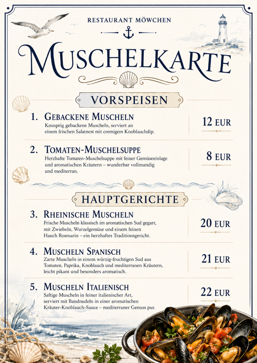 Muschelkarte, Septemberkarte und Pfifferlinge